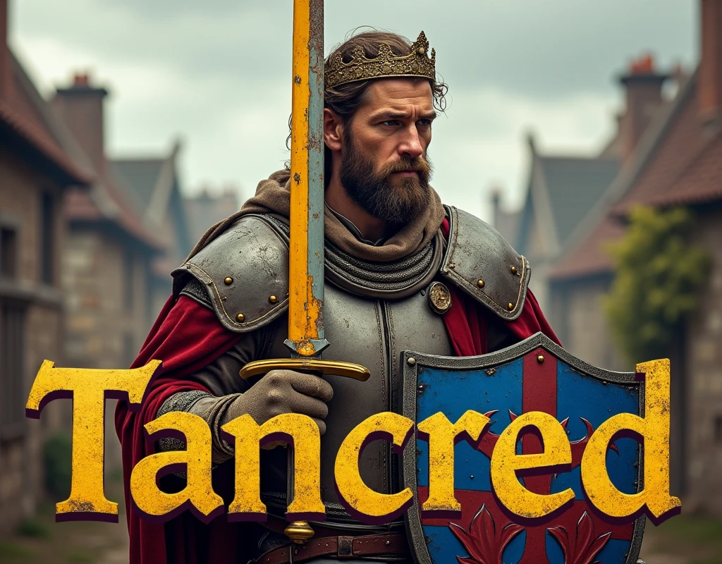 A poster depicting a man, lord, torn clothes, holding a shield with blue and red coat of arms thin vertical yellow sword painted upwards between 2lily flowers, damaged by fighting. medieval clothes, crown, light gloves, very battle-damaged, blue and red coat of arms. He's in a village, with the words "Tancred" written in large golden letters in the foreground.