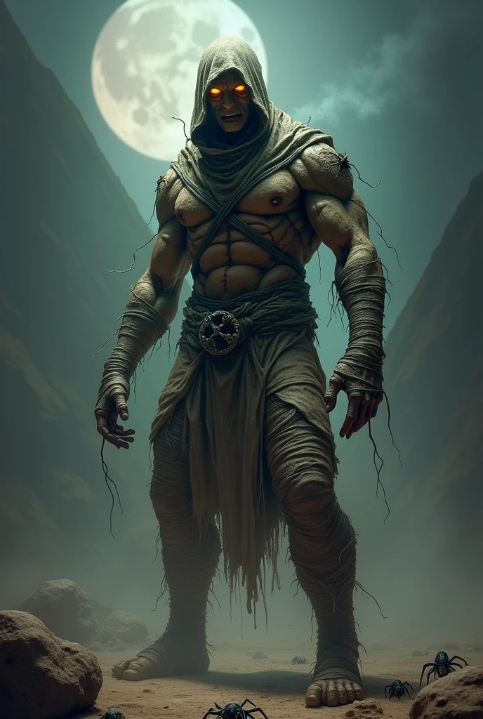 Une momie mystique de fantasy sombre avec des yeux brillants, portant des bandages en lambeaux et usés avec des toiles d'araignée suspendues aux bandages. La créature a des muscles différents, et elle a des muscles des jambes bombés, comme pour punir son ennemi, pose de combat, face vers l'avant. Montrant les muscles de son corps. Des scarabées rampents au pied de la momie. Arrière-plan de la pyramide de ghyzee est effrayant, sombre et brumeux. Éclairage dramatique, fumée et pleine lune dans le ciel.