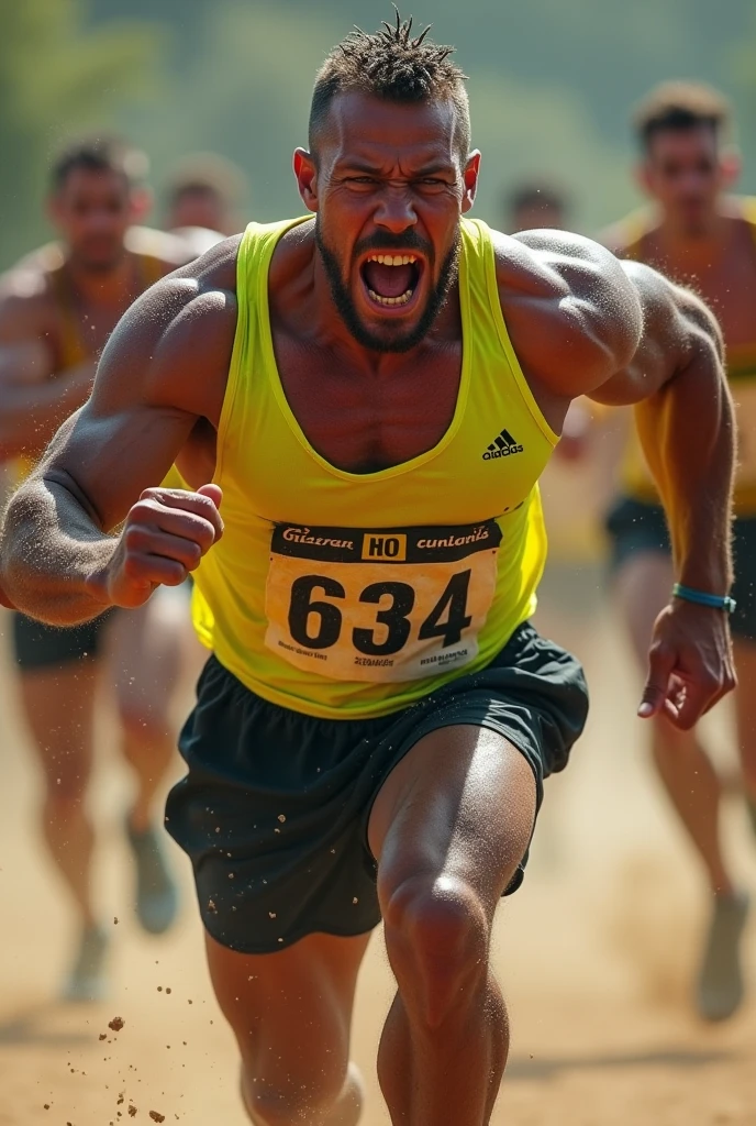 Very sweaty muscular CrossFit man running in yellow running vest with numbers, running away from athletes, trying to grab his naked face