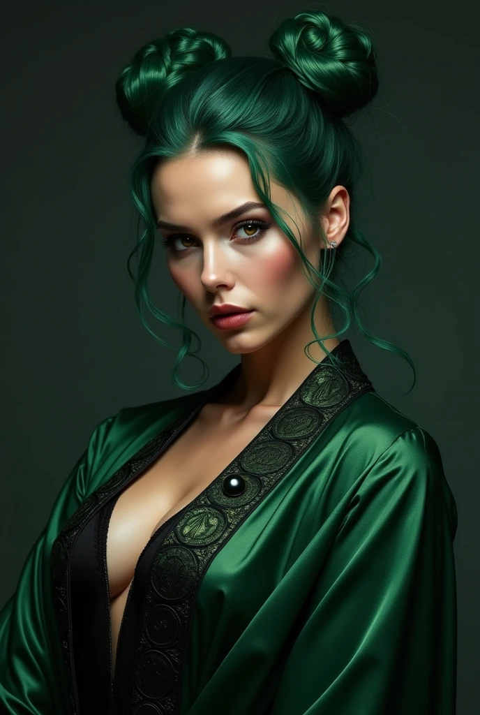 ultra realistic, masterpiece, adult girl, portrait, athletic body, mysterious, intense black eyes, Deep vision correction, eyebrow gloss, lip gloss, Narrow nose, Rich green hair, Heart shaped bun, perfect hair, Intricate emerald robe, Black outfits