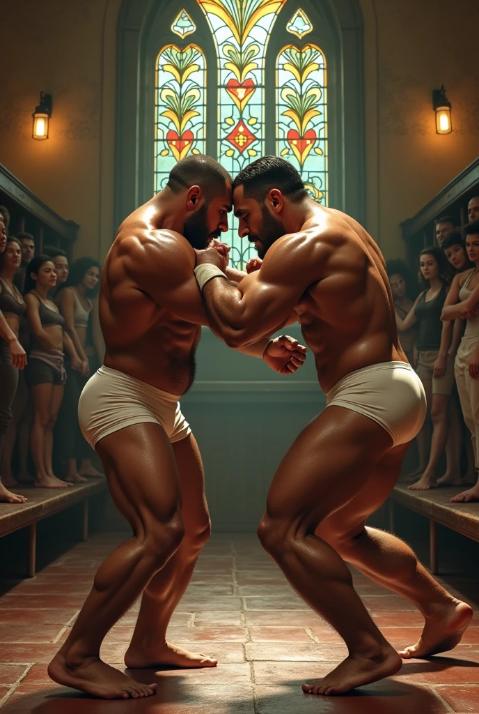 Two strong and muscular Bolivian men fighting furiously in white underwear, surrounded by other men, inside a large historic dressing room, with stained glass windows and benches in the background, in a building from 1650.