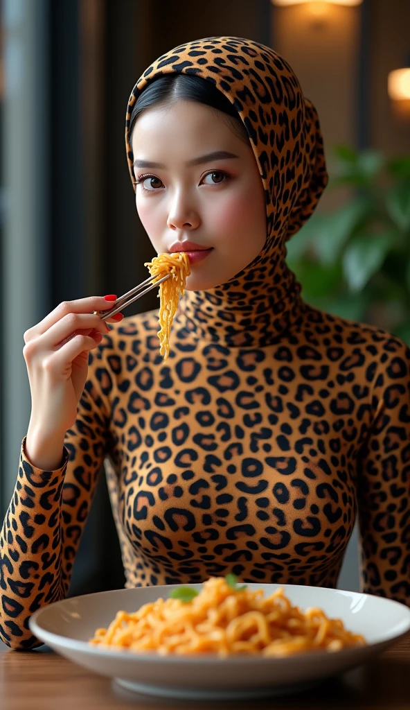 The most beautiful,thin,most pretty and clever malaysian muslimah adult girl wears margay print lycra turtleneck unitard catsuit covered with spots.She always wear margay print lycra dancewear stretchy square hijab covered with many spots.She is eating bihun at hotel.