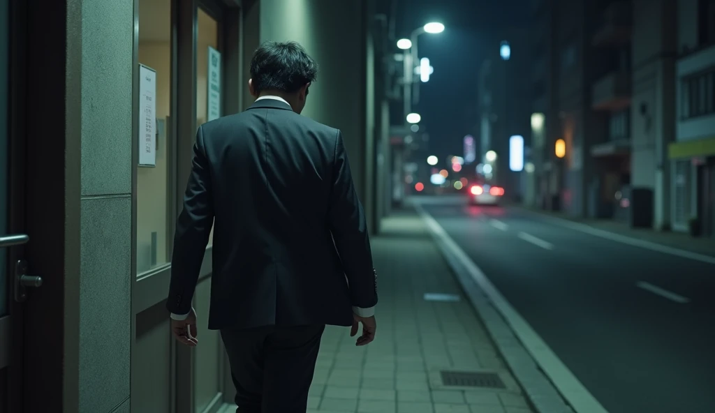 A Young Japanese salaryman leaving work after finishing overtime. The scene is realistic, depicting him exiting an office building late at night. The salaryman, dressed in a suit, looks tired as he steps out into the quiet night streets. The background shows dark office windows and an empty street, capturing the stillness of the late hour