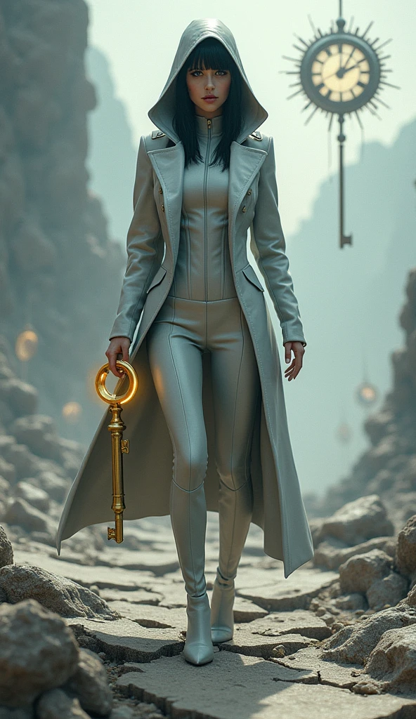 "A photo-realistic depiction of Eclipse standing in a desolate wasteland caused by a time paradox. The ground is cracked and fractured, with jagged rifts where time has shattered, revealing strange anomalies and warped reality. Around her are broken clocks and remnants of past worlds, all distorted by the temporal disruption. Eclipse stands at the center of this chaos, her jet-black hair partially hidden under a hood and her sleek, light gray leather suit blending into the surreal environment. Her golden mechanical key, held firmly in her right hand, glows faintly as she searches for answers, her deep blue eyes filled with determination and a sense of loss. The background is filled with swirling temporal distortions and echoes of time, with erratic clock faces suspended in mid-air, symbolizing the chaotic nature of time she must navigate."