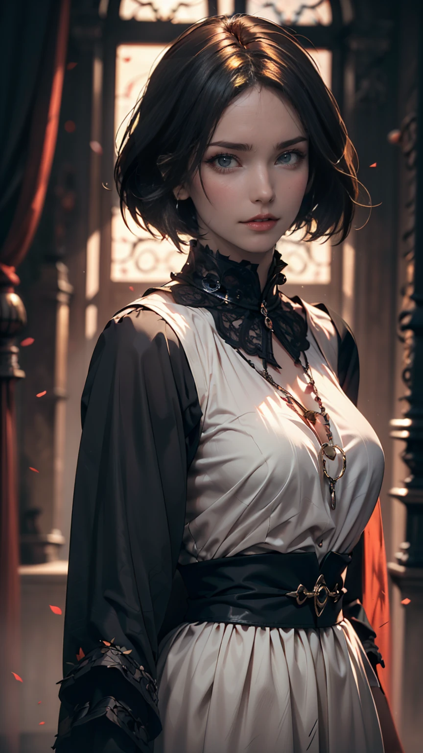 (high quality: 1.3), Cinematic shots, masterpiece, (Sharp focus: 1.5), (Realistic: 1.3), Medium portrait (Beautiful young vampire woman, Pale skin, Gothic, Still proud、Brave, Straight black short bob hair, Dark look, Wearing a very finely crafted dark tunic, Dark atmosphere, but、Sculpting shapes with sharp chiaroscuro), It&#39;s night, (Highly detailed skin), (Detailed face),  Detailed Background, Dim lighting, dusk lighting, Volumetric lighting, Intricate details, Ultra-high resolution,