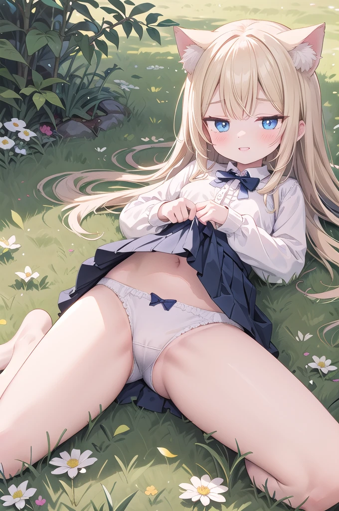 small breasts,(kid, child:1),solo,blue eyes,blonde hair,cat ears,long hair,smile,blush,parted lips,
white shirt,yellow short skirt,bow,
lying,grass,sunlight,flower,Leaf,Looking from top to bottom,Medium Full Shot,depth of field,pleated,Ruffle,no shoes,Blue panties,Open your leg