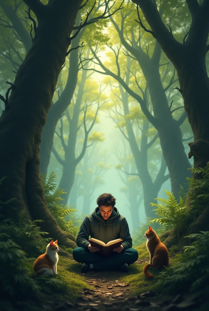 scenery、Mysterious Forest、Man reading、Cats around