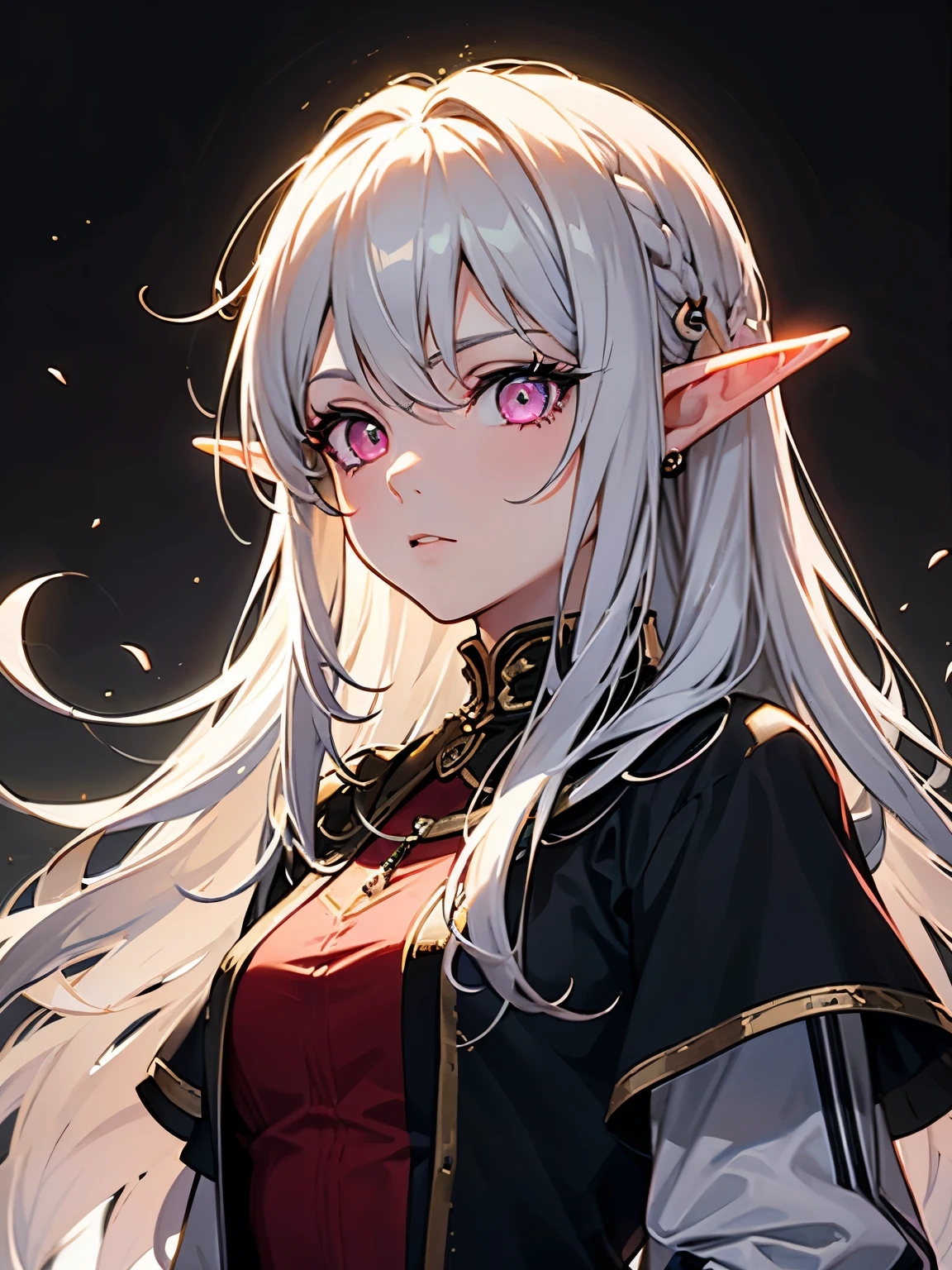 Elf Girl, Girl with Gray hair, pink eyes, neon eyes, shining eyes, standing, medieval dress looking at viewer, digital art, masterpiece, sharp, black background, close look, no background, portrait,