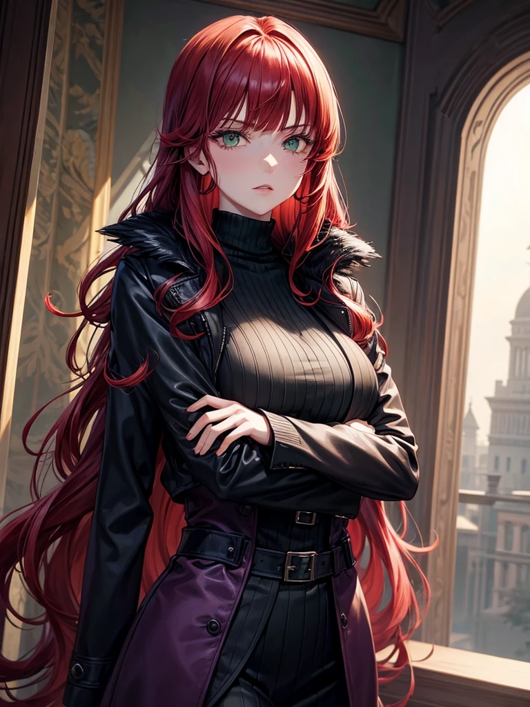 a mature woman, green eyes, red hair with long bangs, noble, mafia. sadistic women, wavy long hair. wear black purple winter jacket. strong woman. background in mansion