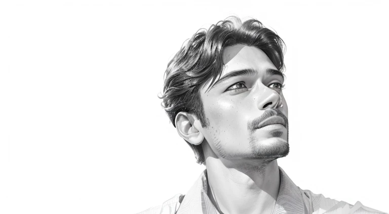 there is a man that is looking up at something, fan art, inspired by Bikash Bhattacharjee, inspired by Sudip Roy, 2d portrait, fanart, brad pitt portrait, inspired by Narayan Shridhar Bendre, detailed illustration portrait, nft portrait, inspired by Andrew Loomis, rendering of close up portrait, digital illustration portrait