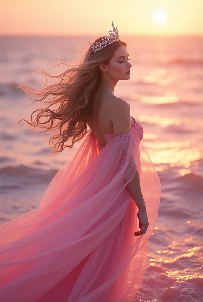 sea background, with pink would be with long wavy hair and light brown,crown on head,full body photo,Pink dress, pink sea,sun on background