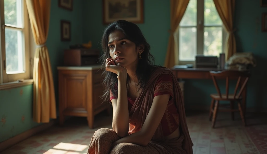 An Indian young woman sitting in her old house thinking background blur