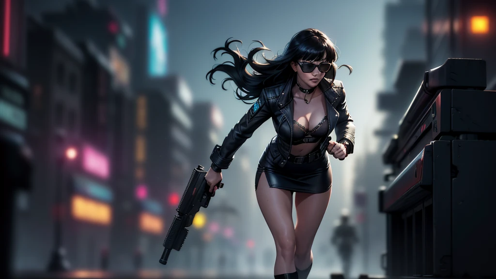 cyberpunk-style city with a nocturnal vibe with Blade Runner-like aesthetic references, glowing huge clock tower as time machine. At night, (1girl, solo, alone), photorealistic, medium-breast slim:0.6 body, oval:0.5 face, cleavage:1.1, sexy black laced bra, miniskirt, white laced panty, coat, (black micro sunglasses), (holding a short gun), (slightly leaning forward running pose), ((half-body thigh level medium shot)), cinematic lighting, ray tracing, motion blurred background.