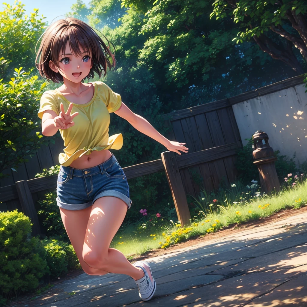 a highly detailed photograph of a young girl in a garden, jumping with joy, short brown hair, tanned skin, wearing denim shorts, multiple action poses, cinematic camera angles, masterful lighting, dynamic composition, vibrant colors, photorealistic, hyper-detailed, 8k resolution