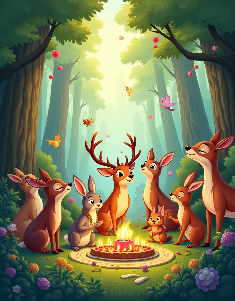All the forest animals gathering around, celebrating with joy. They are singing, dancing, and having a feast together.