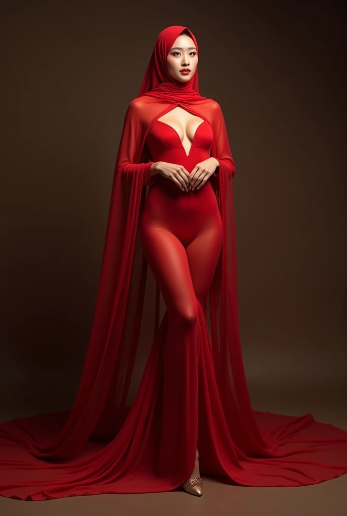 beautiful sexy woman, beautiful avant-garde style, full length , Beautiful red silk transparent flying clothes ,  Accessories ,Bag,