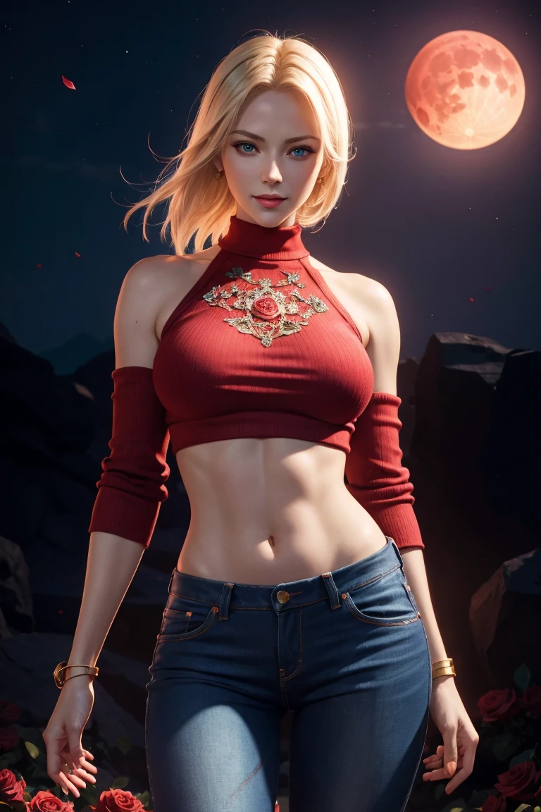 KOF,King of Fighters,Blue Mary,Blue Eyes,Blonde Hair,Medium Hair,Beautiful white skin,Photorealistic,Ultra HD,high quality,masterpiece,Digital SLR,Detailed details,Intricate details,Anatomical basis,Depicted in detail,A detailed face,Realistic skin texture,Vivid details,Perfect Anatomy,Perfect Anatomy,Anatomically correct hand,Anatomically correct fingers,Super Detail,Complex 3D rendering,Sexy pose,Red knitted tops,No sleeve,jeans,Fantasy worldview,Beautiful red sea,Beautiful Red Moon,Beautiful night sky,Petals of roses dance,Picturesque,Pink Lips,smile,