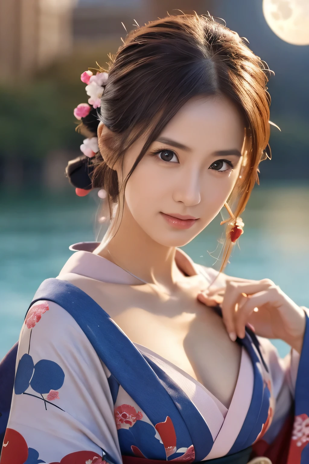 (A beautiful girl dancing in a twelve-layered kimono:1.8), (Baby Face:1.2), (sad:1.5), (Stretch your hands out in front of you:1.5, (Open your mouth:1.3), (Highest quality:1.4), (Highly detailed and realistic skin:1.3), (Very detailedな髪と顔), (Look up:1.5), (Large waning moon in the background:1.3), Very detailed, (Flat Chest:1.3), (Skinny body type:1.3), (Off the shoulder:1.3), (Close-up of face:1.8), Lake at night, (The moon reflects on the lake:1.5), Smooth, Very detailed CG synthesis 8k wallpaper, High-resolution RAW color photos, Professional photography, Light, BackLight, dream-like, impressive, Written boundary depth