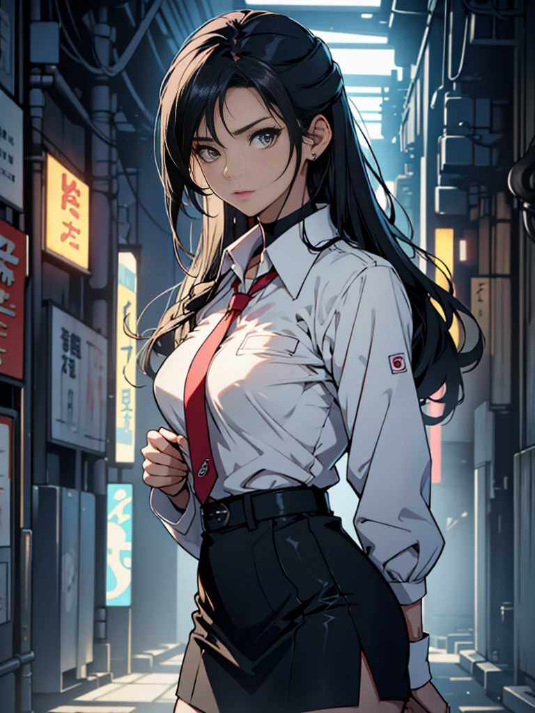 One adult woman with narrow eyes,career woman,Office Lady,business suit,Tight skirt,pumps,lawyer,cool,gauze, Chanel,Forehead,Anatomically correct, accurate, masterpiece, Highest quality, Winner of numerous awards, Textured skin, retina, retina, Black Hair, Half-up hairstyle, solemn, Column Lineup,Cinematic light effects, Anime Style, Japanese illustration style, Half-up hairstyle, Very adult