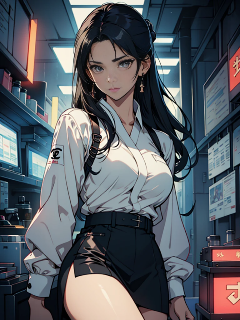 One adult woman with narrow eyes,career woman,Office Lady,business suit,Tight skirt,pumps,lawyer,cool,gauze, Chanel,Forehead,Anatomically correct, accurate, masterpiece, Highest quality, Winner of numerous awards, Textured skin, retina, retina, Black Hair, Half-up hairstyle, solemn, Column Lineup,Cinematic light effects, Anime Style, Japanese illustration style, Half-up hairstyle, Very adult