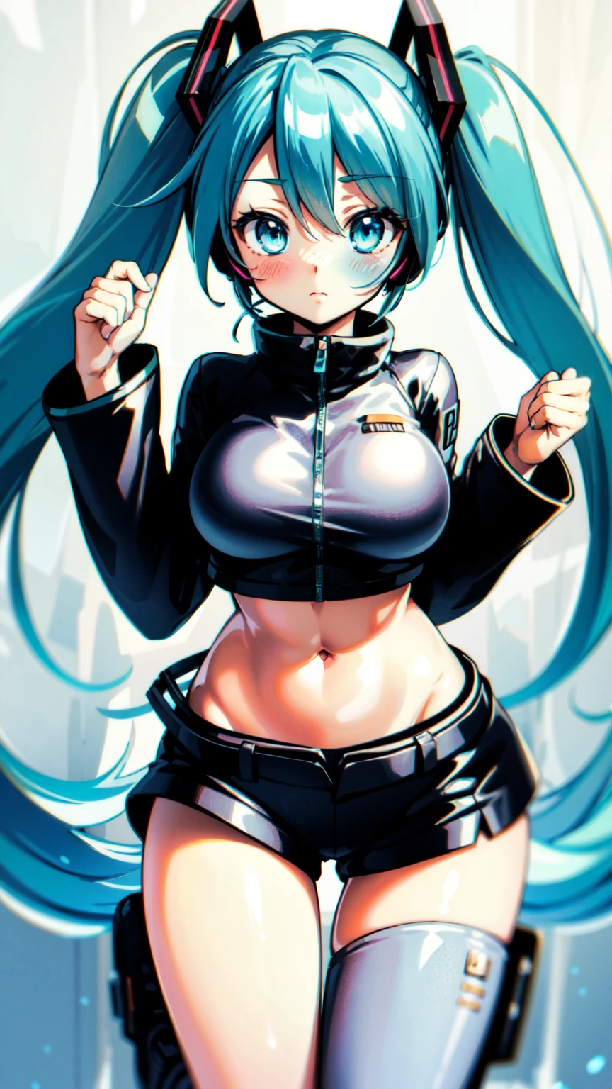(((masterpiece))), Highest quality, Very detailed, blush, Cute and playful, Huge, leather jacket,Hatsune Miku Vocaloid, Twin tails, Light blue hair, Fluffy Hairstyles, Elastic breasts, Heartwarming eyes, Gentle expression, belly button, Dynamic and cute pose