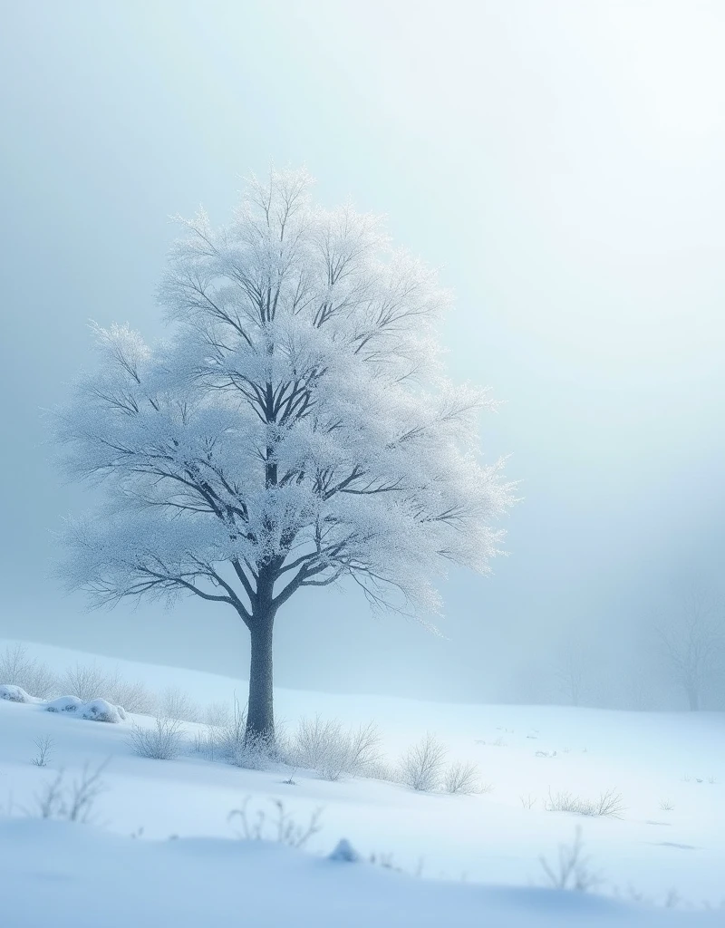 (Highest quality,4K,8k,High resolution,masterpiece:1.2),Very detailed,(Realistic,photoRealistic,photo-Realistic:1.37),unique style,Fine art,Painting,Ethereal atmosphere,dream-like,Surreal,floating snowflakes,Winter Wonderland, ((A single deciduous tree covered in snow creates a mystical beauty))、Frost covered tree々,静寂とTranquility,Soft, diffused light,Icy shades,Subtle shades of blue and white,(Sublime Beauty),Tranquility,Peaceful atmosphere,Harmony between nature and solitude,Gentle and delicate brushstrokes,Frozen Landscape,Sublime Canvas,sublime masterpiece