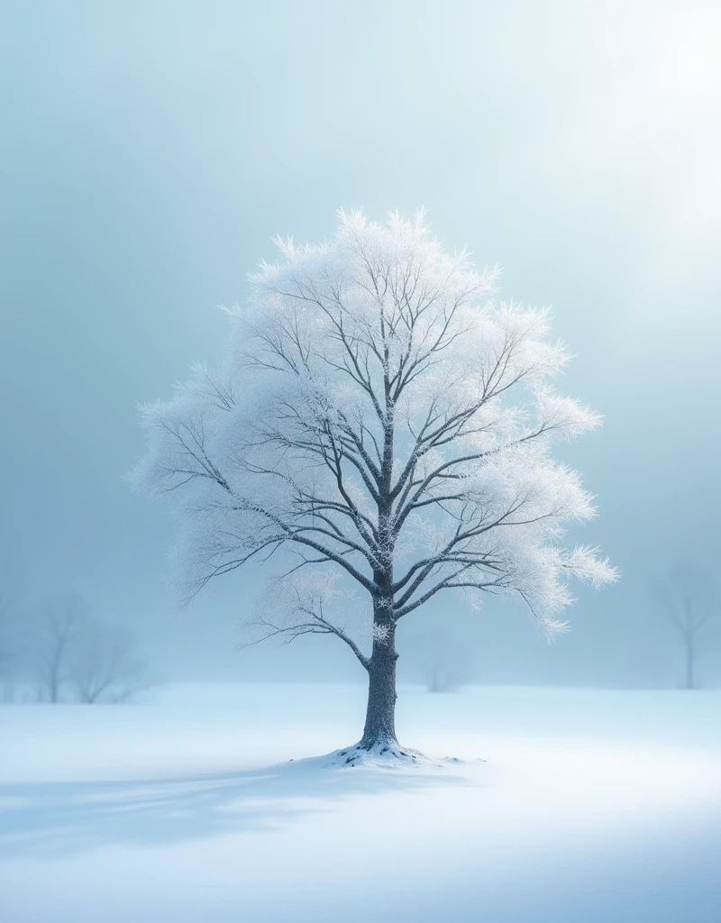 (Highest quality,4K,8k,High resolution,masterpiece:1.2),Very detailed,(Realistic,photoRealistic,photo-Realistic:1.37),unique style,Fine art,Painting,Ethereal atmosphere,dream-like,Surreal,floating snowflakes,Winter Wonderland, ((A single deciduous tree covered in snow creates a mystical beauty))、Frost covered tree々,静寂とTranquility,Soft, diffused light,Icy shades,Subtle shades of blue and white,(Sublime Beauty),Tranquility,Peaceful atmosphere,Harmony between nature and solitude,Gentle and delicate brushstrokes,Frozen Landscape,Sublime Canvas,sublime masterpiece