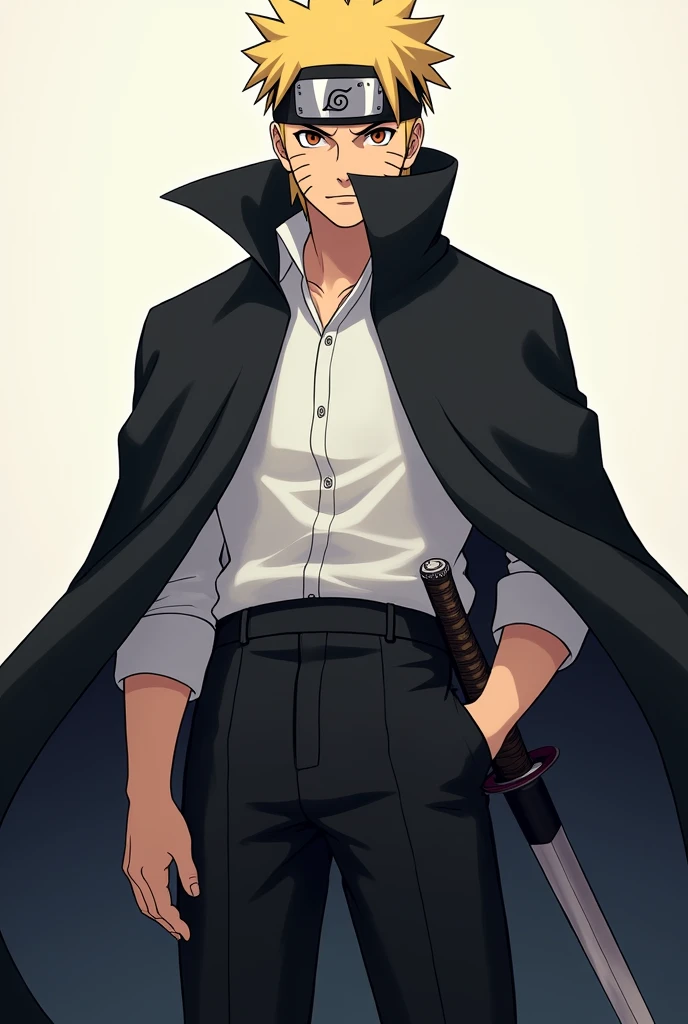 Animé boruto uzumaki adult  avec une cape toute noir et une chemise boutonnée toute blanche et une épée 