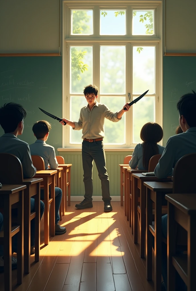 Kevin was in history class, absorbed in his thoughts while the professor spoke about the French Revolution. It was a sunny day, and the sun's rays streamed through the windows, casting long shadows over the classroom. suddenly, A shiver ran down his spine, as if something dangerous was lurking.
Without thinking about it, his instincts kicked in. He turned his head towards the window overlooking the courtyard., and there he saw it: a dark flash flying towards him from the largest tree in the school. It was a knife, black as night, that cut through the air with deadly speed. Kevin barely had time to react.. With a quick movement, he leaned back, narrowly avoiding the blade that grazed his cheek and stuck in the blackboard, leaving a deep crack.
The classroom erupted into chaos. The students screamed and crouched under their desks., seeking refuge. The teacher froze., unable to process what had just happened. But Kevin, still recovering from the shock, He couldn't afford to stay still.. He felt a second danger approaching, this time from the opposite direction.
It wasn't a conscious thought; his body simply responded. He jumped to the side just as another knife, identical to the first, whizzed past where he had been a second before, embedding itself forcefully into the classroom wall.
Kevin knew this was no coincidence.. Someone was deliberately attacking him, but who? And why?? Questions crowded his mind., but I didn't have time to think about them. I had to leave the classroom., get away from that place, and find out who was behind this.