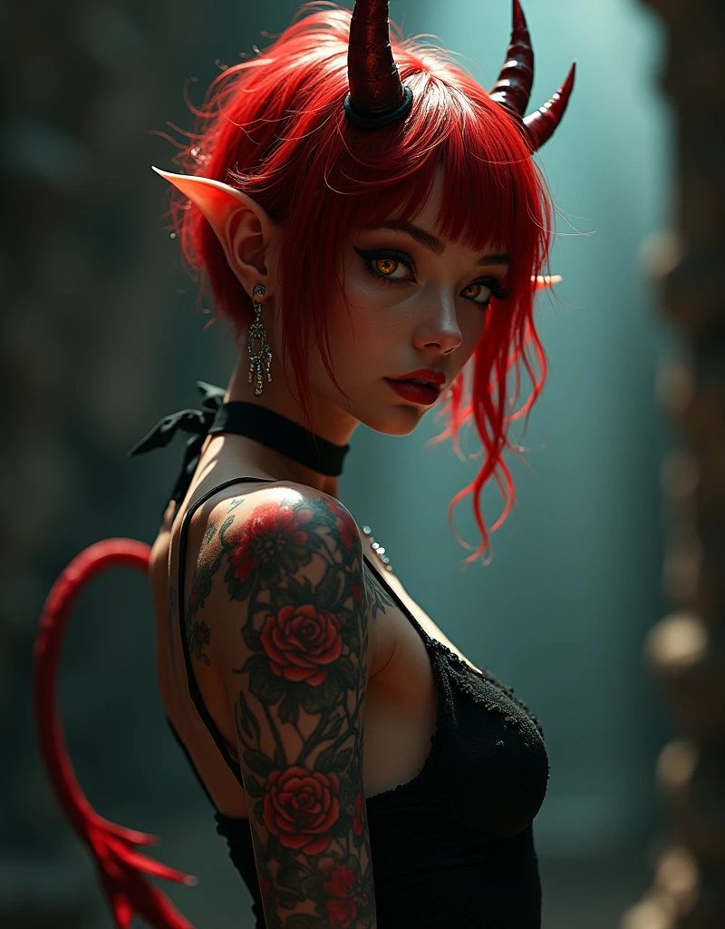 anamorphic splash art, A beautiful demon girl with short hair, red skin, yellow eyes, tattoos on her arms, piercings on her ears, and a tail, (best quality,4k,8k,highres,masterpiece:1.2),ultra-detailed,(realistic,photorealistic,photo-realistic:1.37),demon,demonic,occult,dark fantasy,horror,dark art,gothic,moody lighting,dramatic lighting,cinematic lighting,chiaroscuro,concept art,highly detailed,intricate details,sharp focus,vibrant colors,striking color palette,dark color scheme,muted color palette