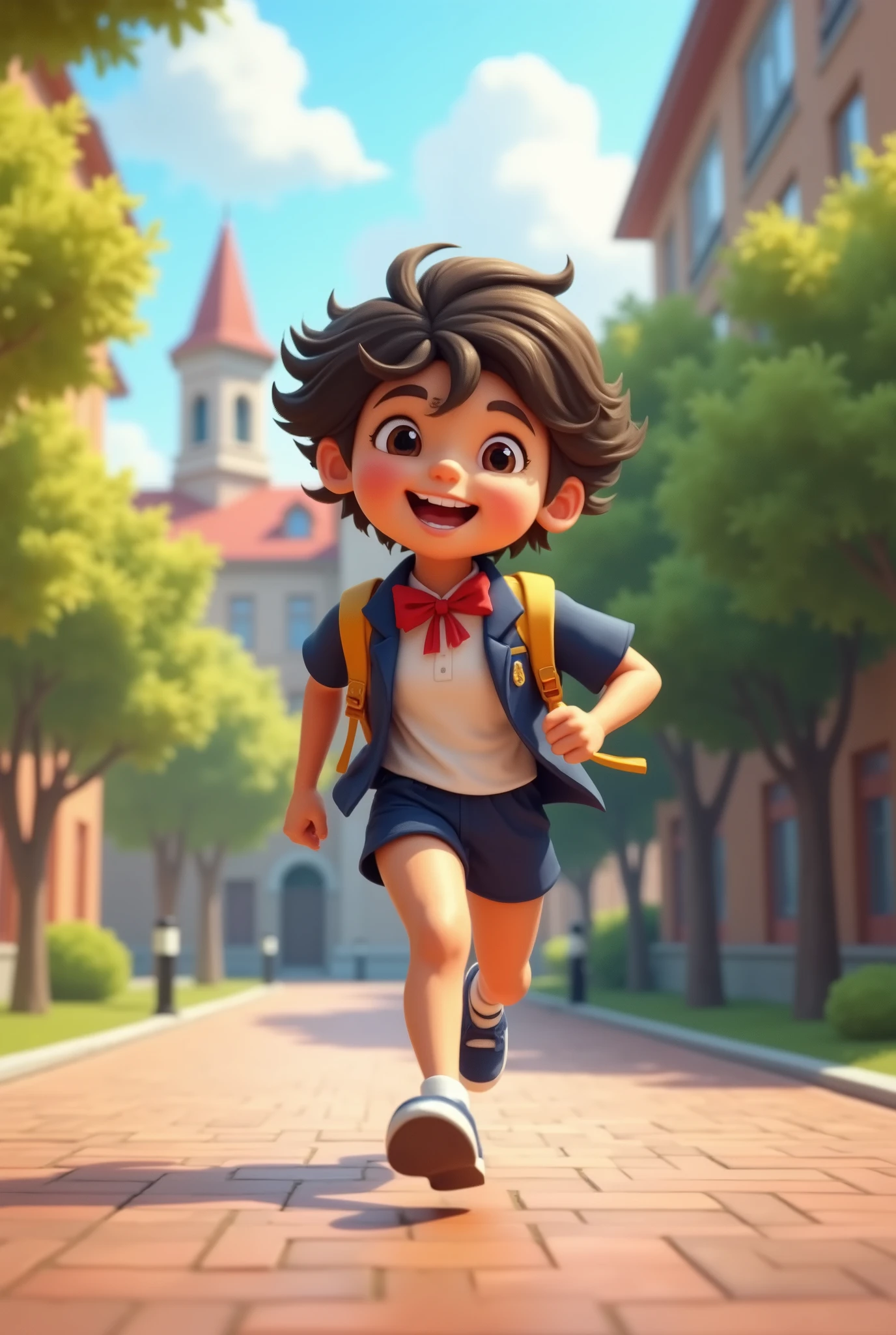 A running on campus,Wearing school uniform,Smiling happy expression,Cartoon 3D style,