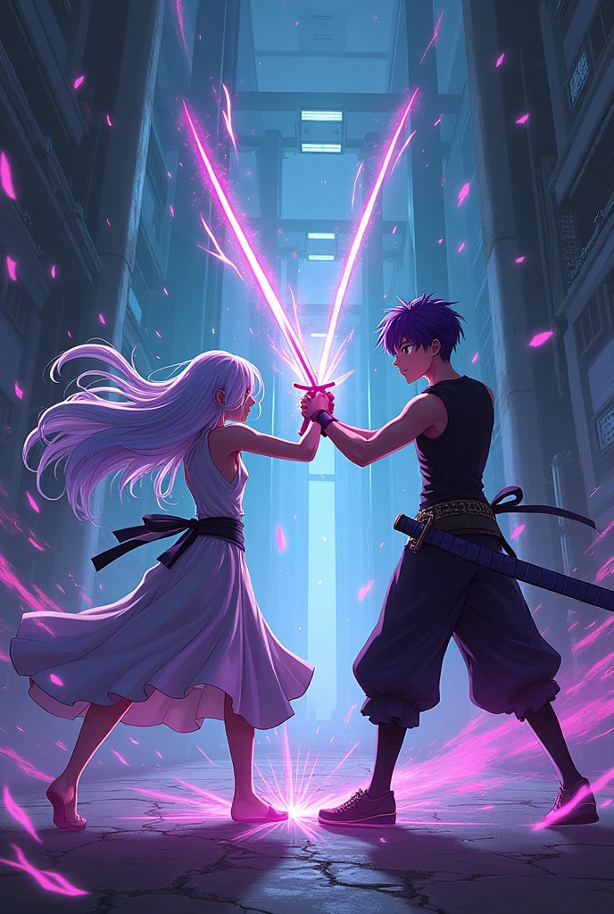 Create a fight in an underground facility, Two agers with katanas, one with long white hair and purple tips and another muscular boy with short purple hair with black eyes and purple pupils, taller than the other boy in fantasy sword fight there are flashes of power, cyberpunk anime style 