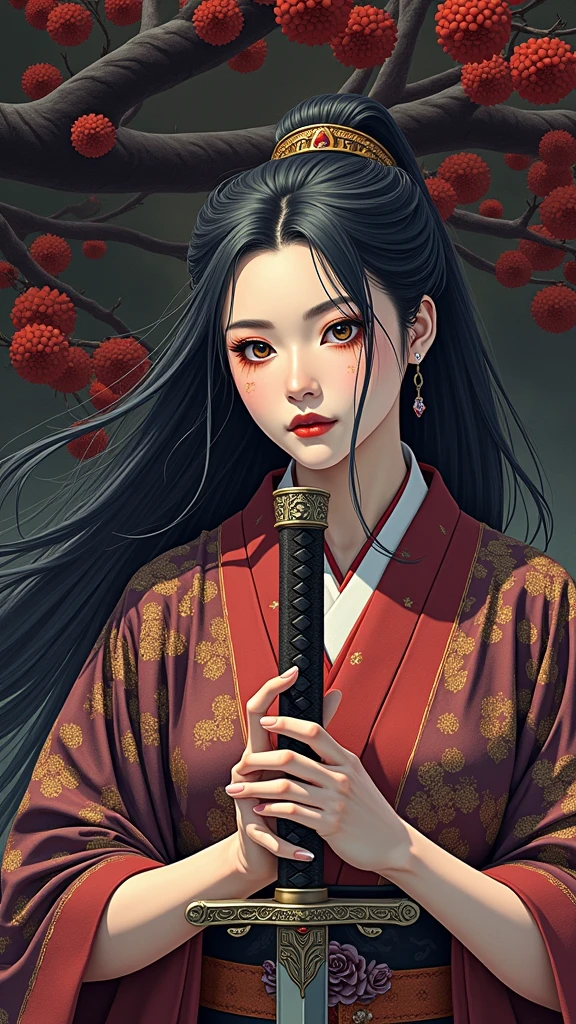 Create a photorealistic full-body image of a female character inspired by the medicine seller from 'Mononoke' in the 'Karakasa' arc, as if it were from a live-action adaptation. She has long, flowing black hair styled elegantly, and her face is adorned with traditional men's kimono-style oiran makeup. Include the same sharp, artistic orange eye makeup with small red gems near the eyes, and a delicate pink lip color. She is holding a sword inspired by the Taima sword from a specific reference image, with intricate designs and a demonic face on the hilt. The woman is dressed in a traditional yet intricately designed kimono with rich, textured fabrics, blending deep reds, purples, and golds. The background depicts a traditional Japanese setting with a supernatural atmosphere, such as a haunted temple or a misty forest. The overall mood should be mysterious and eerie, capturing the full essence of the character in her environment.