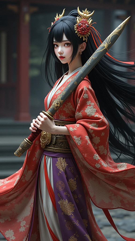 Create a photorealistic full-body image of a female character inspired by the medicine seller from 'Mononoke' in the 'Karakasa' arc, as if it were from a live-action adaptation. She has long, flowing black hair styled elegantly, and her face is adorned with traditional men's kimono-style oiran makeup. Include the same sharp, artistic orange eye makeup with small red gems near the eyes, and a delicate pink lip color. She is holding a sword inspired by the Taima sword from a specific reference image, with intricate designs and a demonic face on the hilt. The woman is dressed in a traditional yet intricately designed kimono with rich, textured fabrics, blending deep reds, purples, and golds. The background depicts a traditional Japanese setting with a supernatural atmosphere, such as a haunted temple or a misty forest. The overall mood should be mysterious and eerie, capturing the full essence of the character in her environment.
