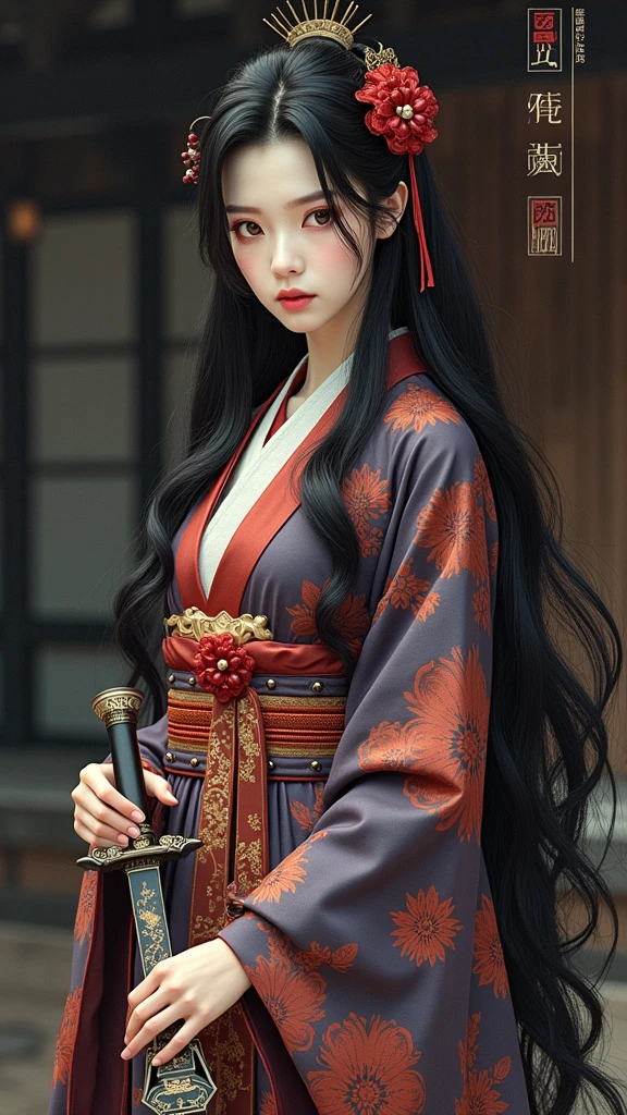 Create a photorealistic full-body image of a female character inspired by the medicine seller from 'Mononoke' in the 'Karakasa' arc, as if it were from a live-action adaptation. She has long, flowing black hair styled elegantly, and her face is adorned with traditional men's kimono-style oiran makeup. Include the same sharp, artistic orange eye makeup with small red gems near the eyes, and a delicate pink lip color. She is holding a sword inspired by the Taima sword from a specific reference image, with intricate designs and a demonic face on the hilt. The woman is dressed in a traditional yet intricately designed kimono with rich, textured fabrics, blending deep reds, purples, and golds. The background depicts a traditional Japanese setting with a supernatural atmosphere, such as a haunted temple or a misty forest. The overall mood should be mysterious and eerie, capturing the full essence of the character in her environment.