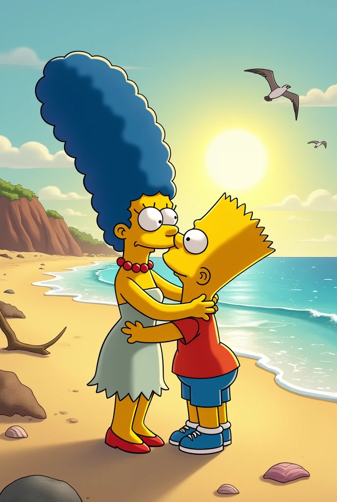 Create Marge Simpson and Bart on the beach while they are kissing