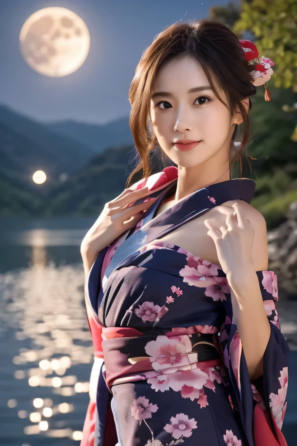 (A beautiful girl dancing in a twelve-layered kimono:1.8), (Baby Face:1.2), (sad:1.5), (Hands on chest:1.3), (Open your mouth:1.3), (Highest quality:1.4), (Highly detailed and realistic skin:1.3), (Very detailedな髪と顔), (Look up:1.5), (Large waning moon in the background:1.3), Very detailed, (Flat Chest:1.3), (Skinny body type:1.3), (Off the shoulder:1.3), (Face close-up:1.8), Lake at night, (The moon reflects on the lake:1.5), Smooth, Very detailed CG synthesis 8k wallpaper, High-resolution RAW color photos, Professional photography, Light, BackLight, dream-like, impressive, Written boundary depth