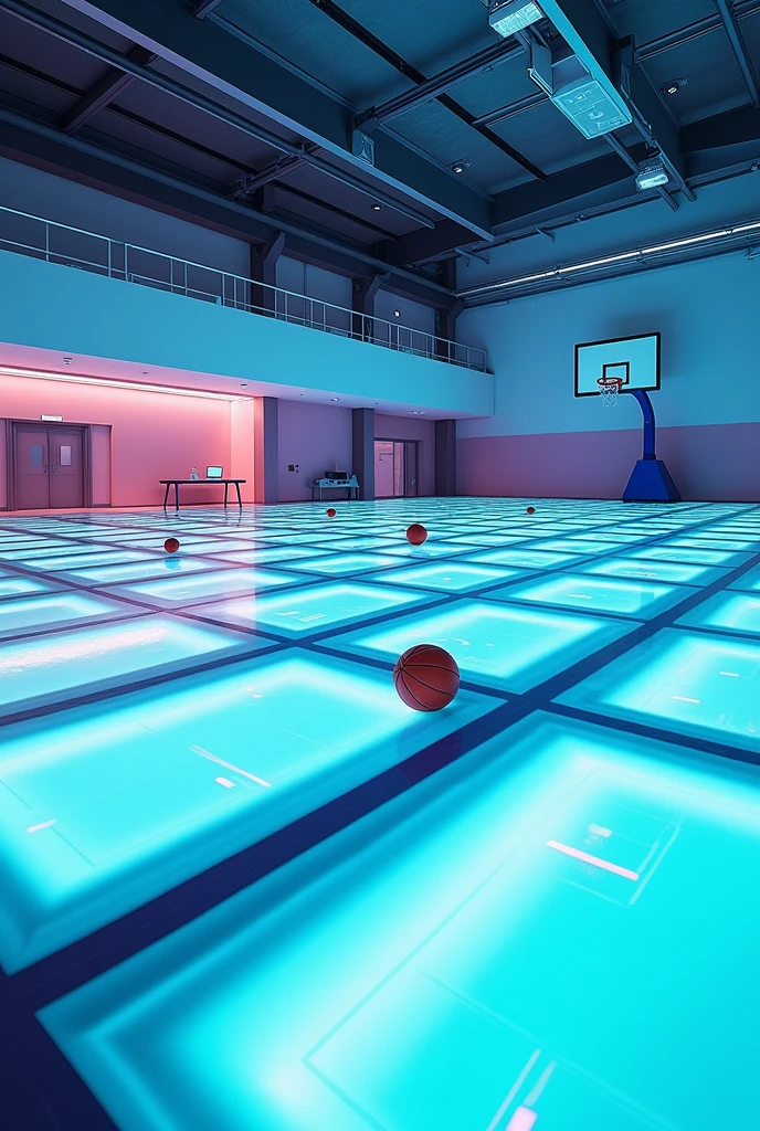 a Japanese school basketball court. the floor is glass with led, the court is empty without any people; there are 2 basketball balls on the floor, and there is a table outside the court with a laptop; masterpiece, super detailed. photo from 45 degrees angle, 