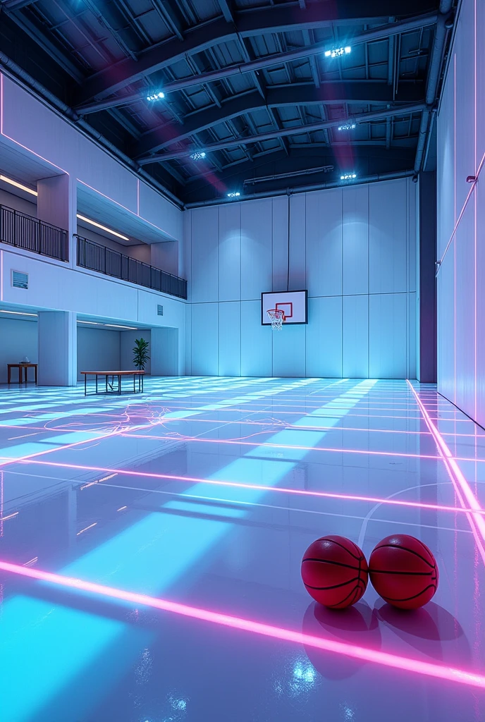 a Japanese school basketball court. the floor is glass with led, the court is empty without any people; there are 2 basketball balls on the floor, and there is a table outside the court with a laptop; masterpiece, super detailed. photo from 45 degrees angle,