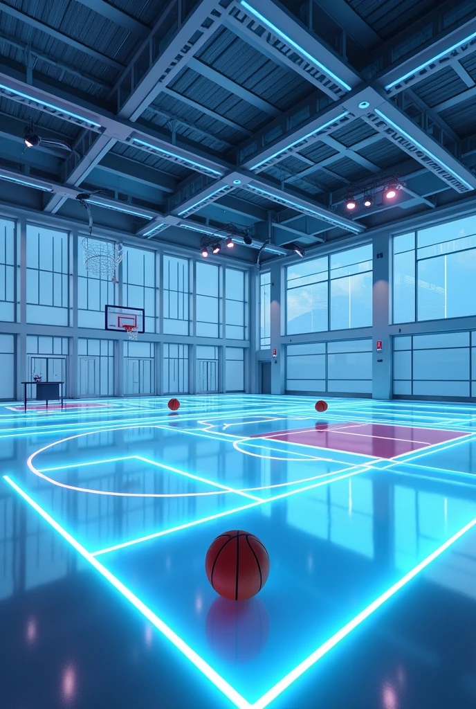 a Japanese school basketball court. the floor is glass with led, the court is empty without any people; there are 2 basketball balls on the floor, and there is a table outside the court with a laptop; masterpiece, super detailed. photo from 45 degrees angle, 