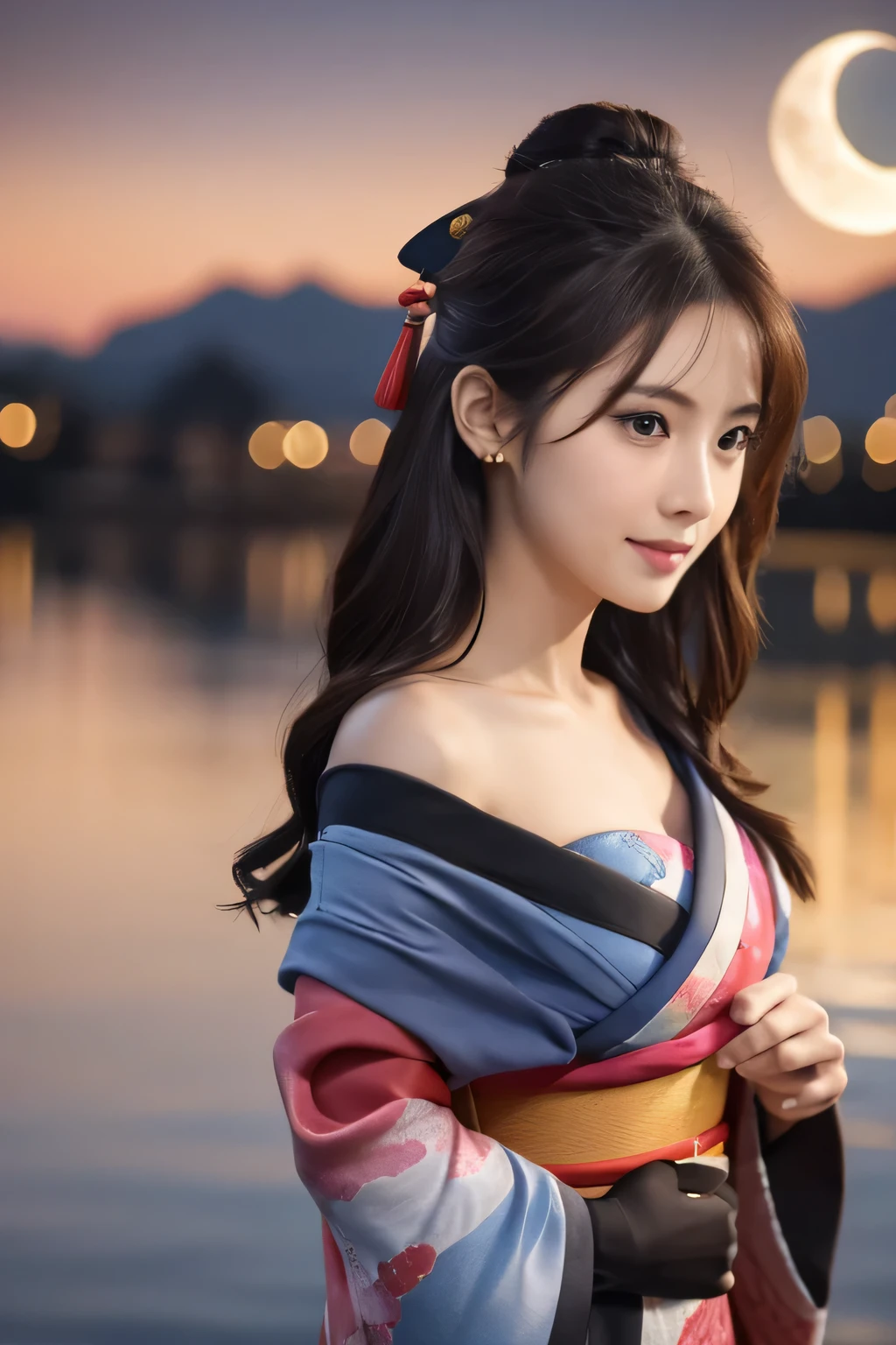 (A beautiful girl dancing in a twelve-layered kimono:1.8), (Baby Face:1.2), (sad:1.5), (Hands on chest:1.3), (Open your mouth:1.3), (Highest quality:1.4), (Highly detailed and realistic skin:1.3), (Very detailedな髪と顔), (Look up:1.5), (Large waning moon in the background:1.3), Very detailed, (Flat Chest:1.3), (Skinny body type:1.3), (Off the shoulder:1.3), (Face close-up:1.8), Lake at night, (The moon reflects on the lake:1.5), Smooth, Very detailed CG synthesis 8k wallpaper, High-resolution RAW color photos, Professional photography, Light, BackLight, dream-like, impressive, Written boundary depth