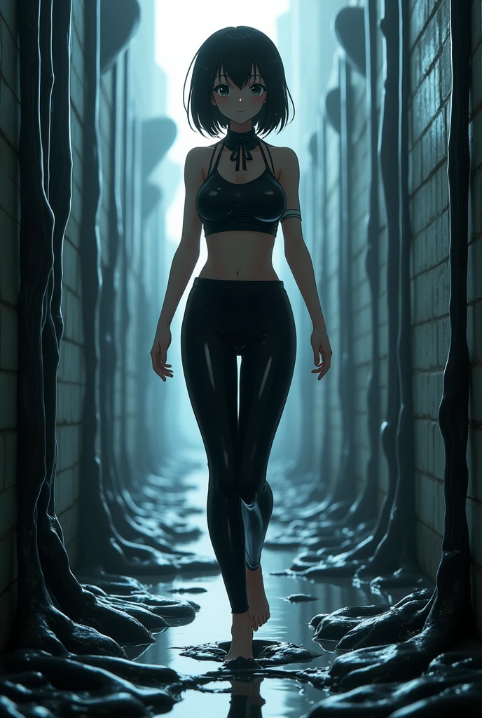 Embarrassed anime girl  barefoot, wearing black latex clothing, in latex pants with a collar in profile. She walks barefoot through the sticky black slime.