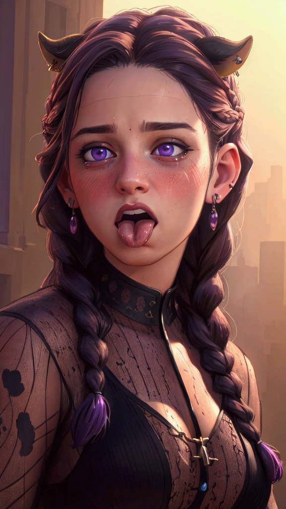 1girl, solo, highres, long_hair, breasts, looking_at_viewer, twin_braids, bangs, purple_eyes, earrings, horns, tears, tongue_out, low_angle, ultra-detailed, breasts, earrings, cow_ears, blush, open_mouth, tongue_out, low_angle, (best quality,4k,8k,highres,masterpiece:1.2),ultra-detailed,(realistic,photorealistic,photo-realistic:1.37),digital_painting,fantasy,surreal,cinematic_lighting