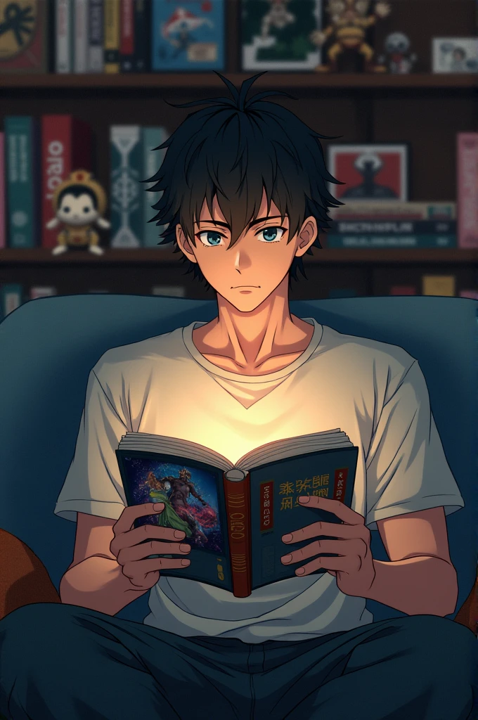 A man reading an anime book