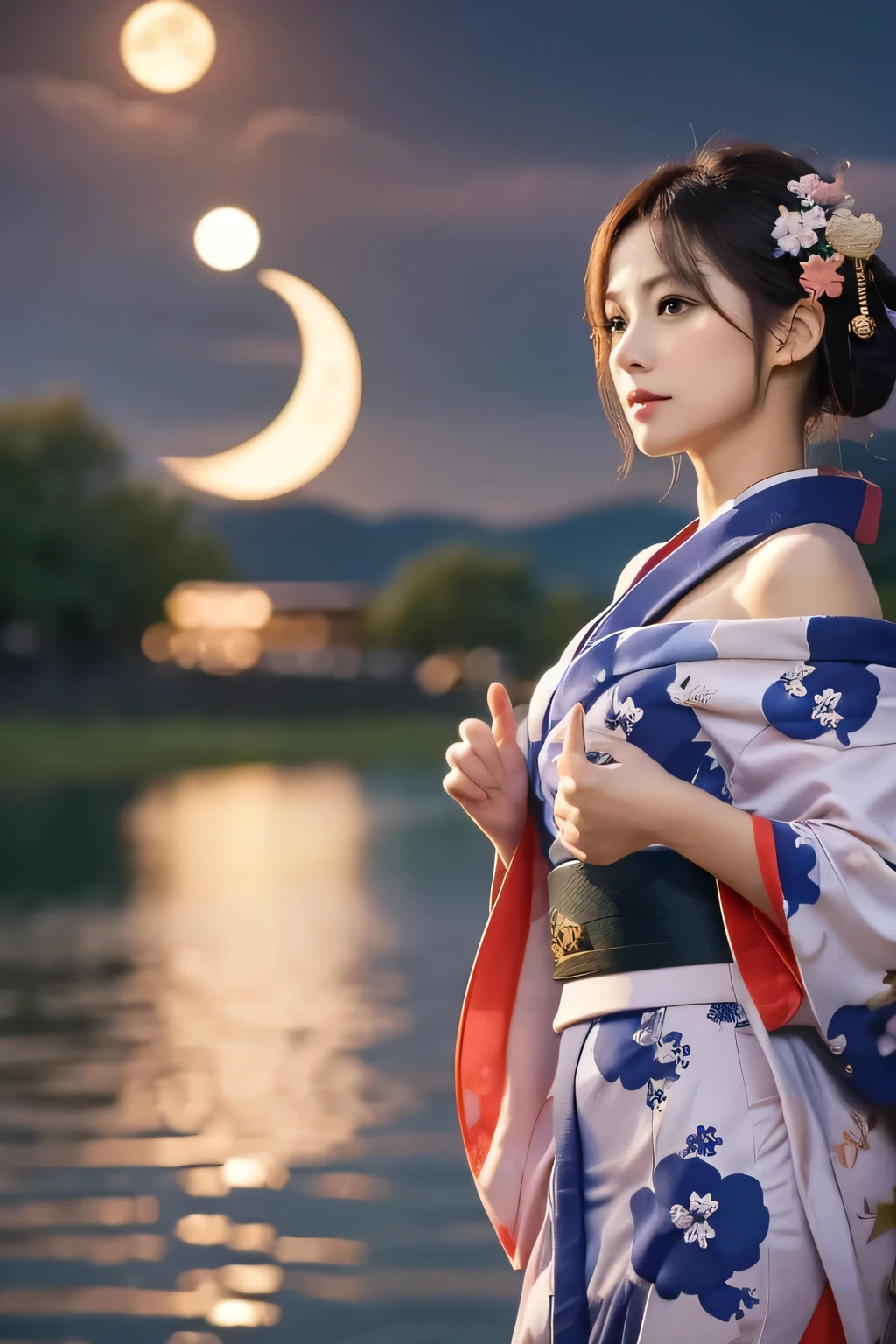 (A beautiful girl dancing in a twelve-layered kimono:1.8), (Baby Face:1.2), (sad:1.5), (Hands on chest:1.3), (Open your mouth:1.3), (Highest quality:1.4), (Highly detailed and realistic skin:1.3), (Very detailedな髪と顔), (Look up:1.5), (Large waning moon in the background:1.3), Very detailed, (Flat Chest:1.3), (Skinny body type:1.3), (Off the shoulder:1.3), (Face close-up:1.8), Lake at night, (The moon reflects on the lake:1.5), Smooth, Very detailed CG synthesis 8k wallpaper, High-resolution RAW color photos, Professional photography, Light, BackLight, dream-like, impressive, Written boundary depth