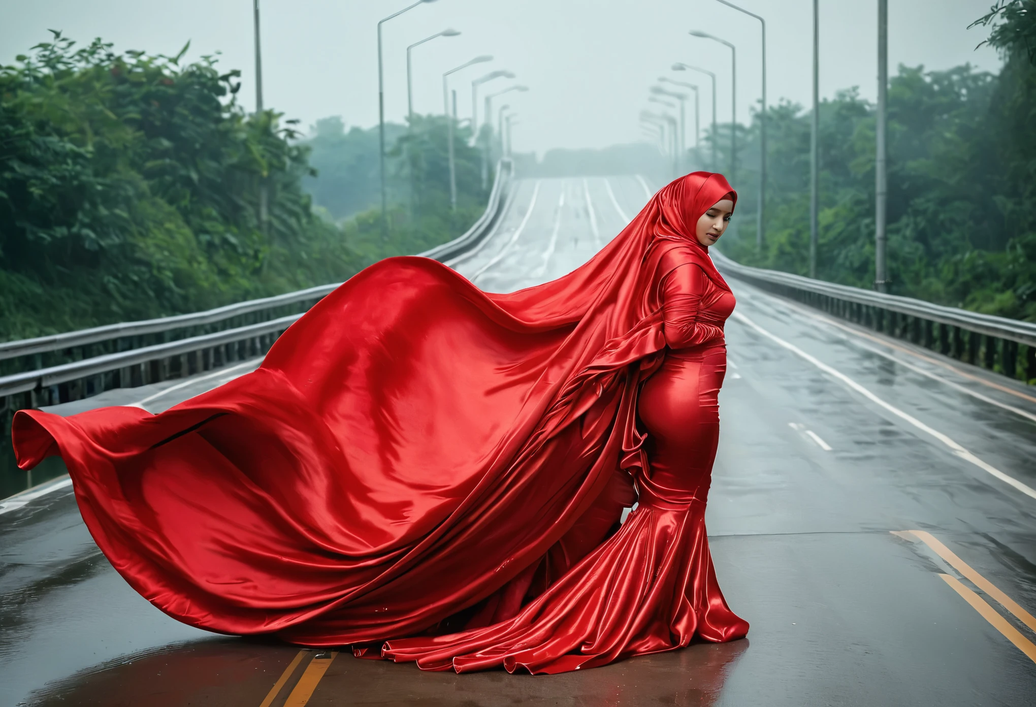 A woman shrouded in a 8-meter-long, plush red satin cloth, tightly bound and grandly draping along the form of her body, flowing off into a pooled floor-length train, styled in a mermaid-inspired outfit, her head modestly veiled in a satin hijab, 165 height woman, walk in wet road, a full-body pose conveying a sense of mysterious elegance, captured in a 4k resolution, ultra-realistic