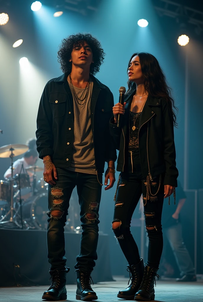 Photography of a 20 year old Asian guy with long curly hair wearing a black jacket with tattoos, ripped jeans, chain accessories, boots, holding a microphone on stage accompanied by a girl wearing a t-shirt with long Indonesian hair, singing expression