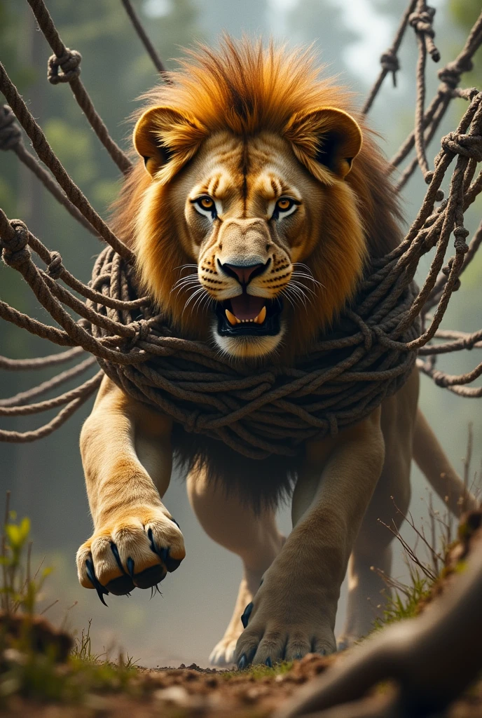 a lion is caught in a hunter's net