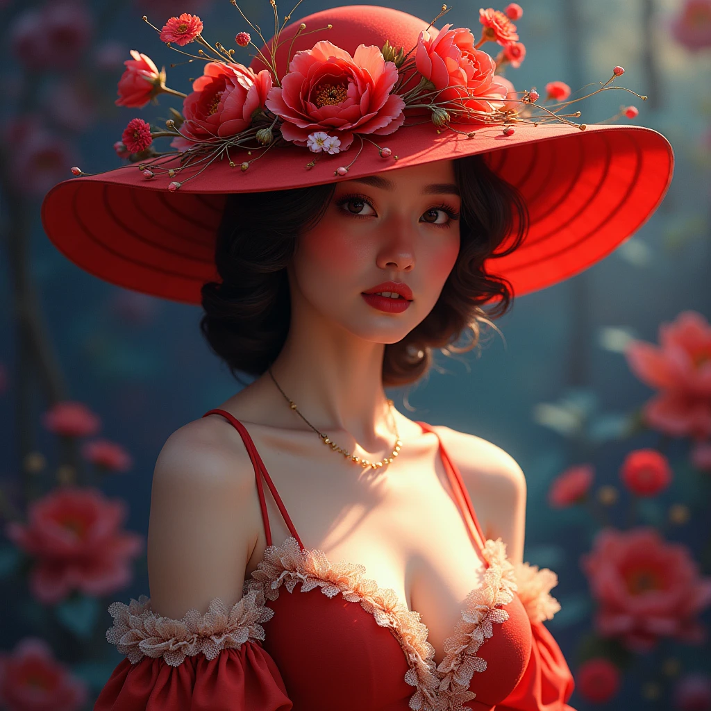 A captivating hyperrealistic illustration of a sophisticated woman wearing a luxurious wide-brimmed red hat that elegantly covers part of her face. The hat is adorned with a stunning floral arrangement, adding to the overall allure of the portrait. Her outfit consists of a refined dress with a delicate pattern, accentuating her poise and elegance. The background is a blend of rich, vibrant colors, including deep purples, blues, and oranges, which complement and enhance the subject's striking presence. The overall scene exudes a sense of glamour and refinement, with a touch of whimsy and enchantment., vibrant, illustration