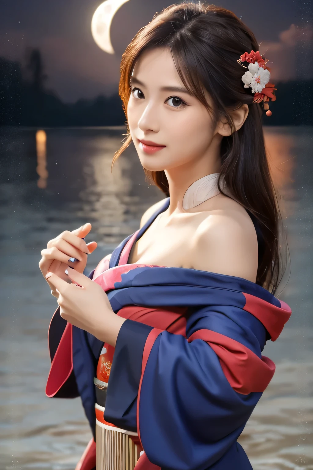 (A beautiful girl dancing in a twelve-layered kimono:1.8), (:1.2), (sad:1.5), (Hands on chest:1.3), (Open your mouth:1.3), (Highest quality:1.4), (Highly detailed and realistic skin:1.3), (Very detailedな髪と顔), (Look up:1.5), (Large waning moon in the background:1.3), Very detailed, (Flat Chest:1.3), (Skinny body type:1.3), (Off the shoulder:1.3), (Face close-up:1.5), Lake at night, (The moon reflects on the lake:1.5), Smooth, Very detailed CG synthesis 8k wallpaper, High-resolution RAW color photos, Professional photography, Light, BackLight, dream-like, impressive, Written boundary depth